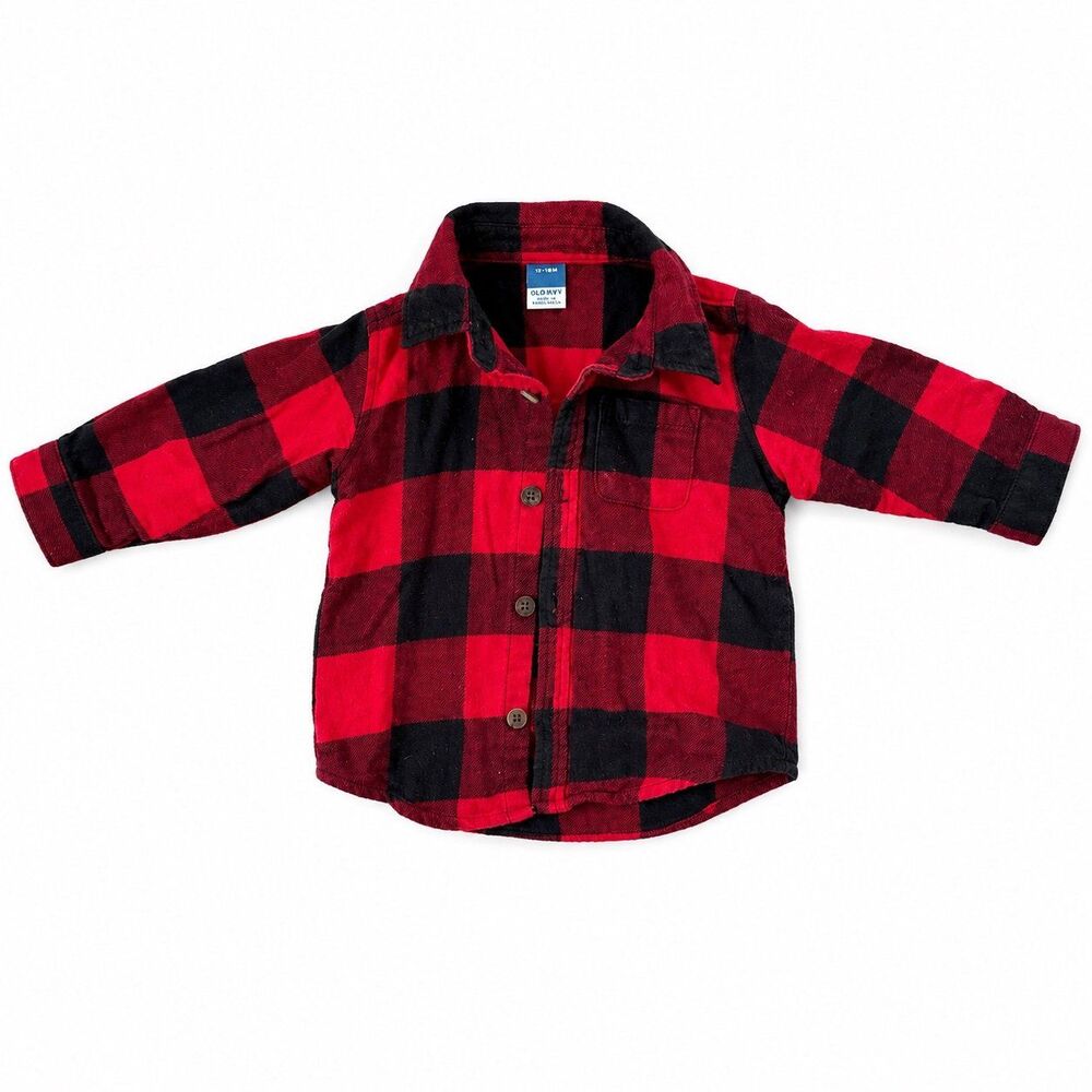 Old Navy Red & Black Buffalo Plaid Flannel Shirt | 12-18 Months